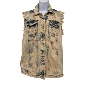 Acid Wash Distressed Denim Vest Blue Identity Womens Size M Rhinestone Grunge